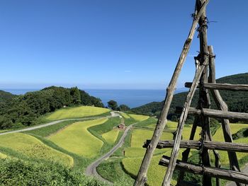 Scenic view of land against clear blue sky
