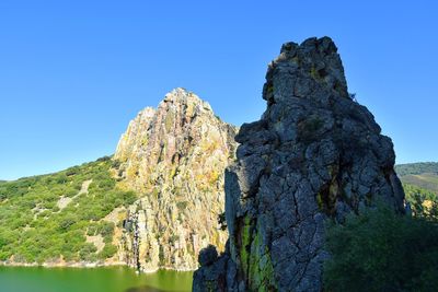 Scenic view of rocks against clear blue sky