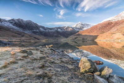 Scenic view of snowcapped mountains against sky