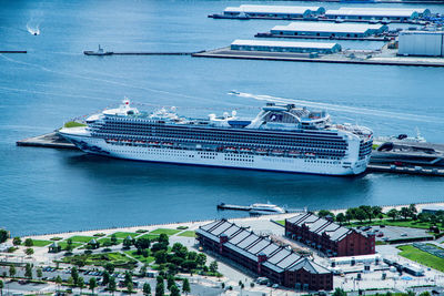 High angle view of ship moored in sea