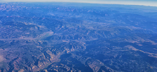 Aerial view rocky mountain landscapes on flight over colorado utah rockies wasatch front, usa.