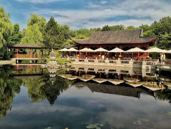 Reflection of trees and buildings in swimming pool