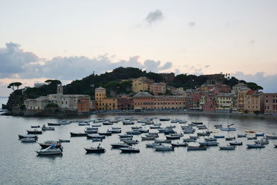 Boats moored at harbor by river against sky