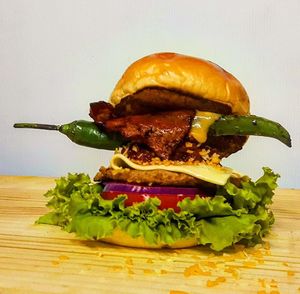 Close-up of burger on cutting board