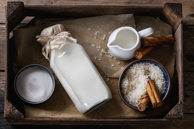 High angle view of breakfast on table