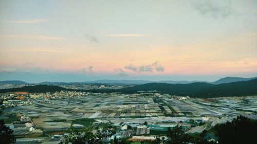 High angle view of landscape against sky during sunset