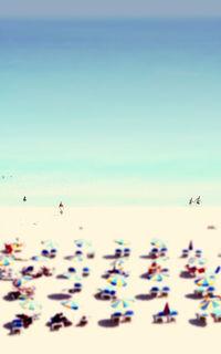 Close-up of birds flying over beach against clear sky