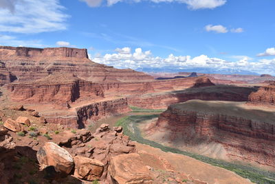 Rock formations on landscape against cloudy sky