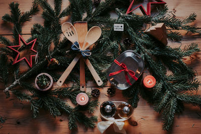 High angle view of christmas tree on table