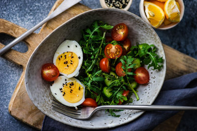 High angle view of breakfast served in plate