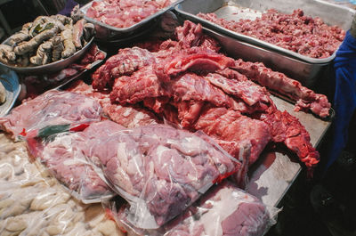 High angle view of meat for sale in market
