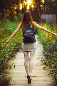 Rear view of woman walking on boardwalk amidst plants