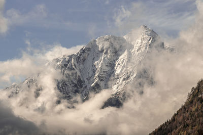 Low angle view of snowcapped mountains against sky