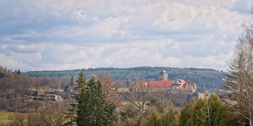 Panoramic view of trees and buildings against sky