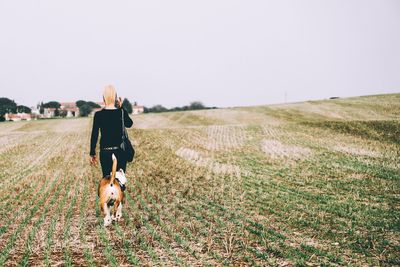 Rear view of woman walking with dog on field against clear sky