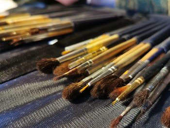 High angle view of pencils on table