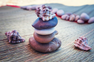 Close-up of stack on table