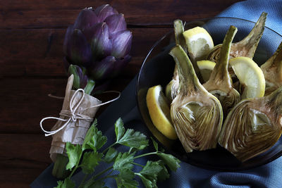 High angle view of vegetables on table