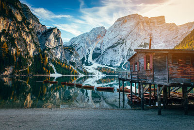 Scenic view of snowcapped mountains by lake against sky