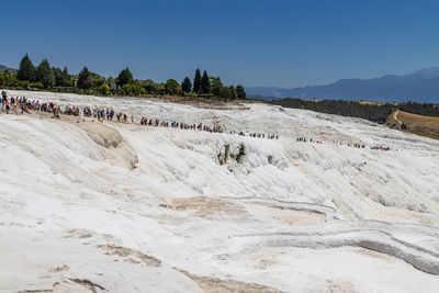 Scenic view of snow covered landscape against clear sky