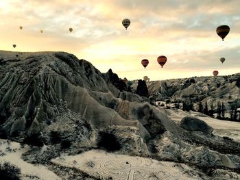 Hot air balloons flying over landscape