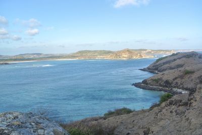 Scenic view of sea against blue sky