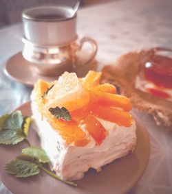 Close-up of dessert served on table