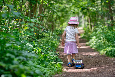 Rear view of girl with toy vehicle walking on footpath in forest