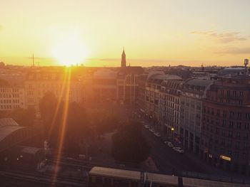 High angle view of city at sunset