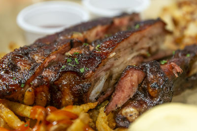 Close-up of meat on barbecue grill