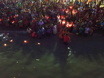 High angle view of people on street in city