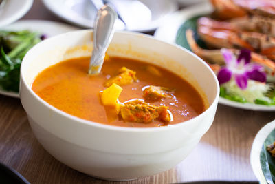 Close-up of soup in bowl on table