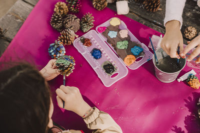 Sisters coloring pine cones while decorating at picnic table in park