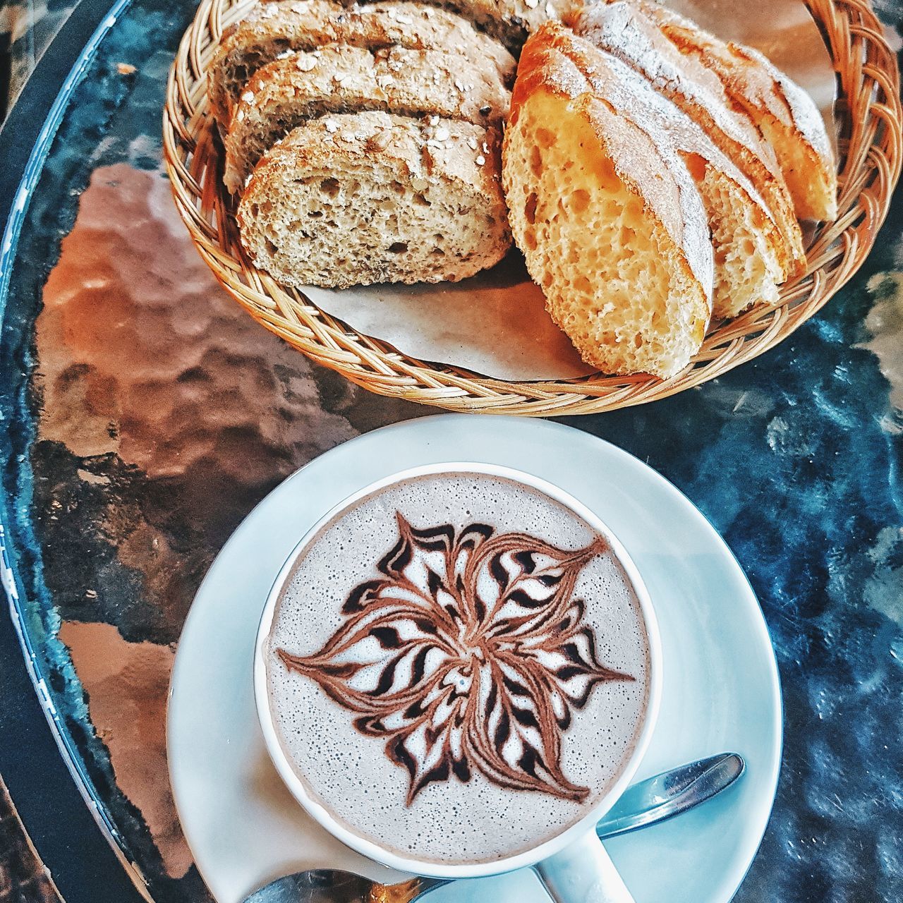 food and drink, high angle view, table, coffee - drink, freshness, frothy drink, drink, indoors, food, no people, cappuccino, close-up, froth art, day