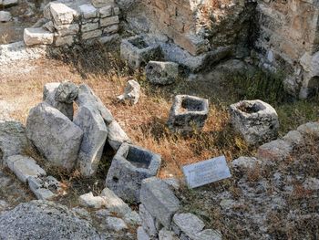 High angle view of text on rock