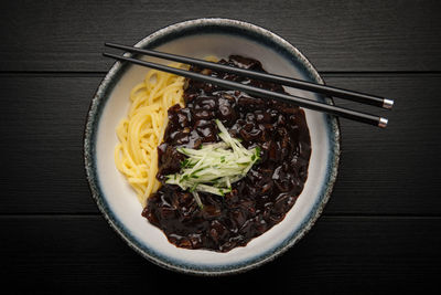 High angle view of soup in bowl on table