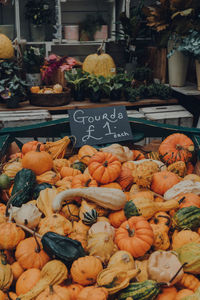 Variety of gourds on sale at the market in london, uk.