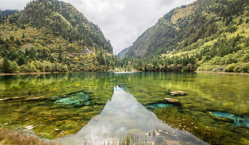 Scenic view of lake by mountains against sky