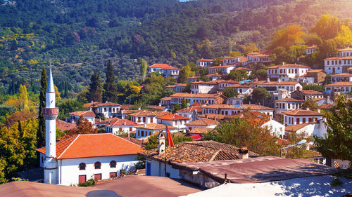 High angle view of buildings in town