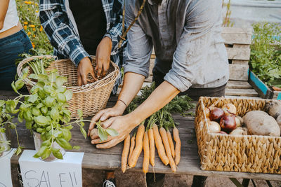 Midsection of male and female environmentalists selling vegetables in farmer's market