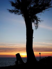 Silhouette tree by sea against sky during sunset