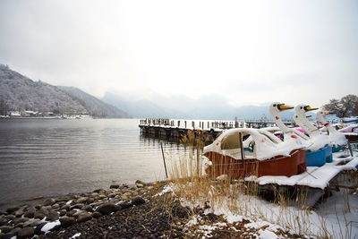 Swan shape pedal boats by lake against sky during winter