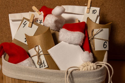 High angle view of christmas decorations on table