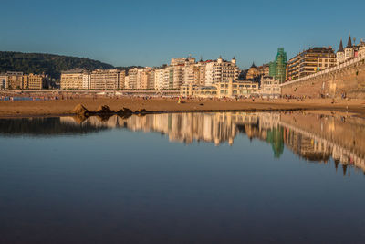 Reflection of buildings in river against clear blue sky