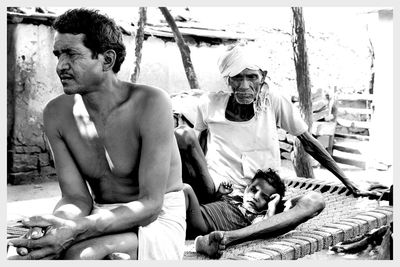 High angle view of men sitting