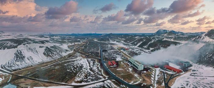 Aerial view of the krafla power plant in iceland.