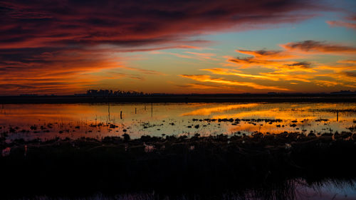 Scenic view of sea against dramatic sky during sunset