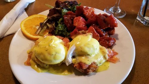 Close-up of breakfast served on table