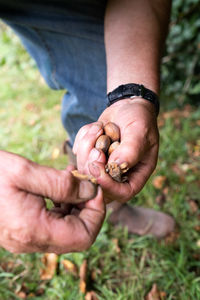 Low section of man holding snail