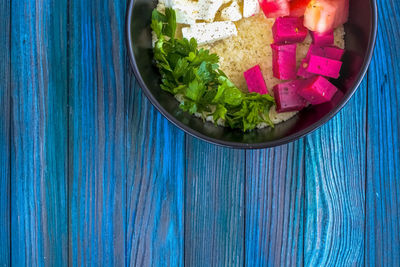 High angle view of chopped vegetables in bowl